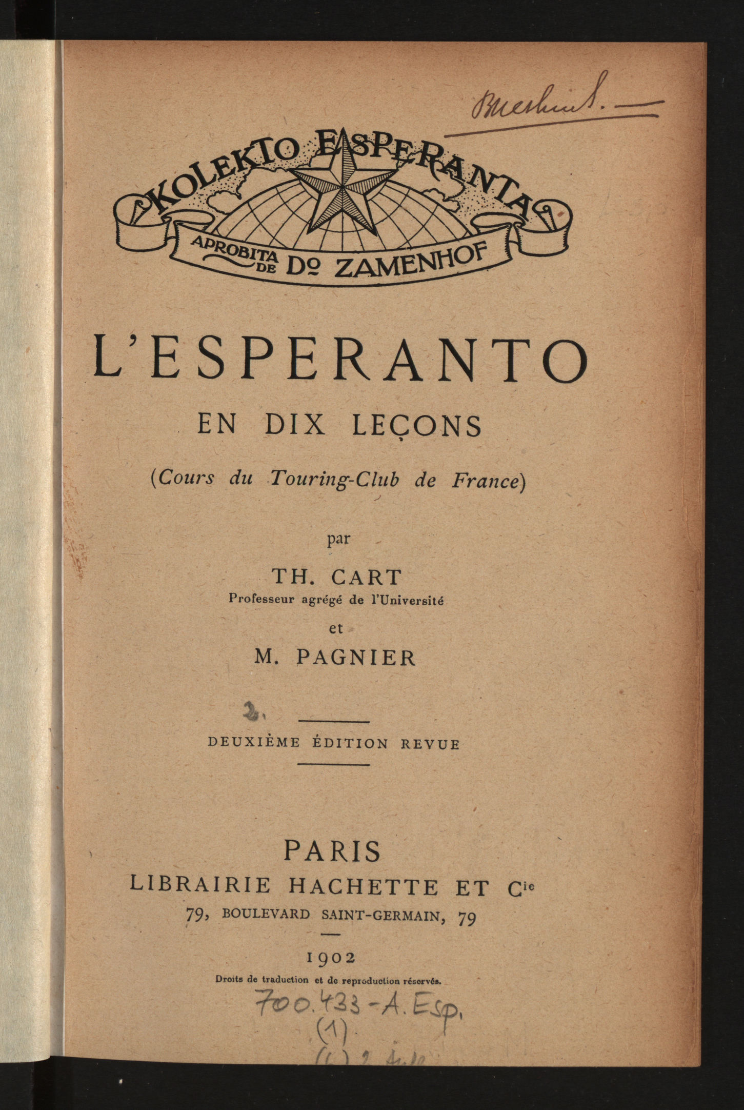 Th. Cart kaj M. Pagnier: <em>L'Esperanto en dix leçons (Cours du Touring Club de France)</em> (ONB)