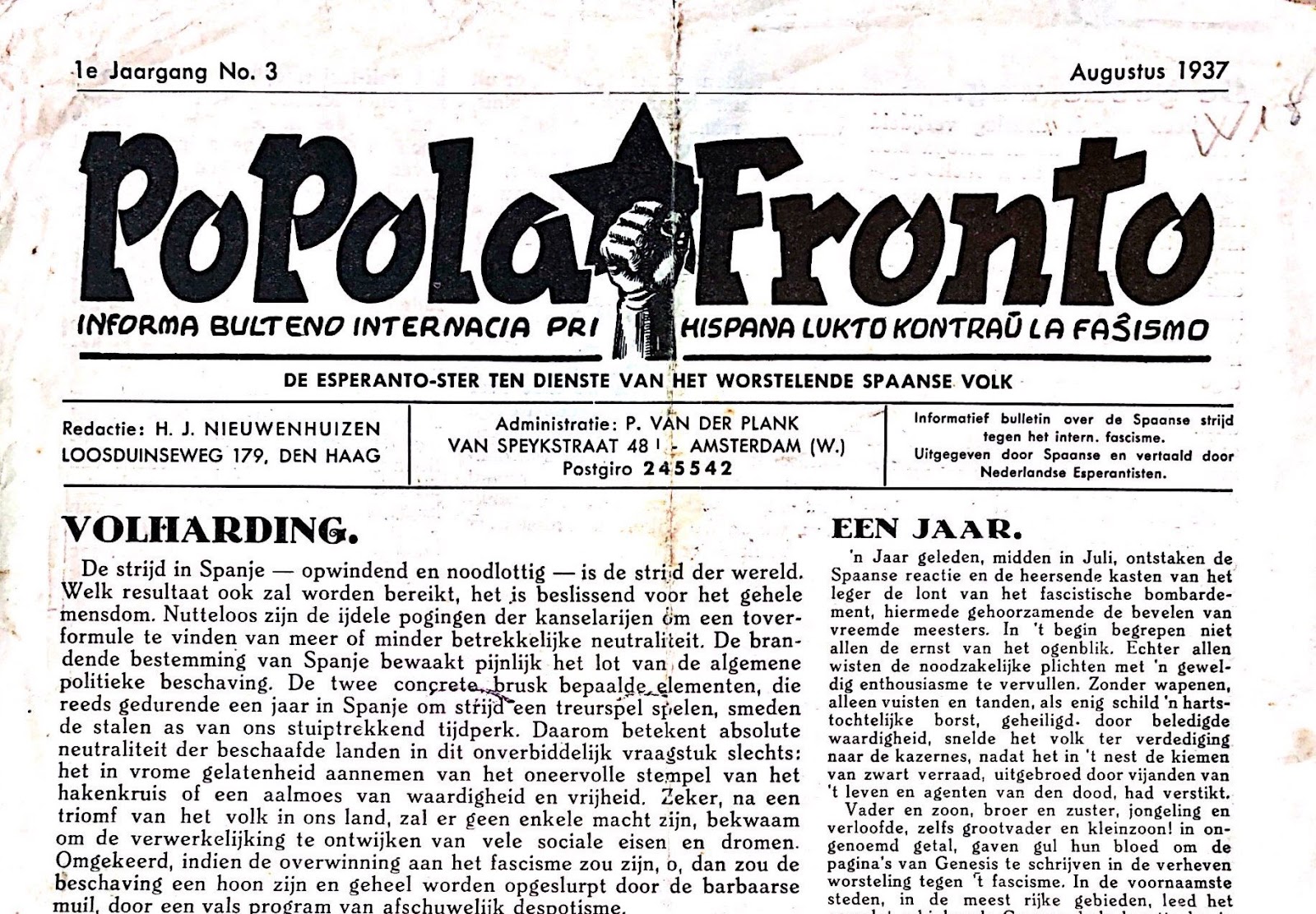 Entute 13 numeroj de la nederlanda traduko de <em>Popola Fronto</em> aperis inter 1937 kaj 1938 (Biblioteko Molera)