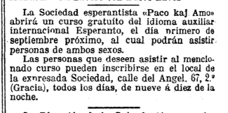 Reklamo de kurso de esperanto en <em>La Vanguardia</em> (1908-08-30, p. 2)